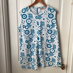EVE LTD: white with blue circle pattern sleeveless top. Size 18 W